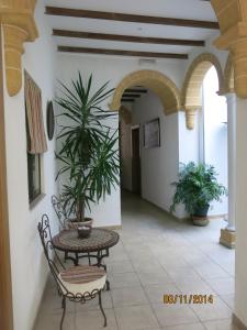 赫雷斯-德拉弗龙特拉凤凰旅馆的庭院配有桌椅和植物