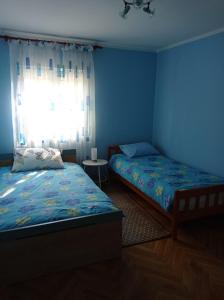 里耶卡Apartman 4的蓝色的客房设有两张床和窗户。