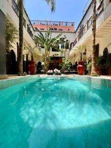 马拉喀什帕查瓦娜庭院旅馆的棕榈树建筑中的一个大型游泳池