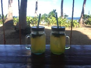 爱妮岛Harmony Healing Experience - Connect with your Divinity的两个大罐子坐在海滩附近的桌子上