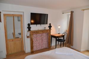 卢瓦尔河畔默恩DNJ Appart Hotel的一间卧室设有壁炉,墙上配有电视。