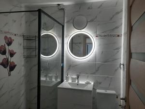 苏利纳Apartament DeltaView Deluxe Sulina的浴室设有卫生间、水槽和两面镜子。