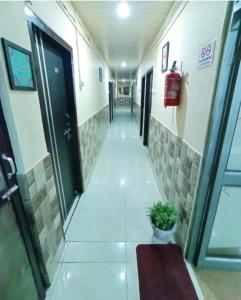 古瓦哈提D.D Lodge的楼里走廊上,有门和植物