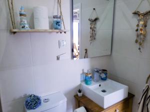 奥尔塔Casa Mar do Triângulo的一间带水槽、卫生间和镜子的浴室