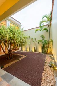 瓦哈卡市埃克斯题鲁成人酒店 的棕榈树走廊和大楼