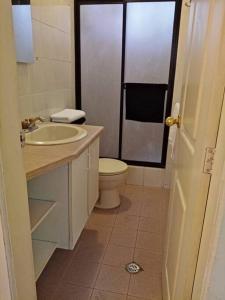 基多Hermoso Apartamento al Norte cerca de la Embajada Americana的浴室配有卫生间、盥洗盆和淋浴。