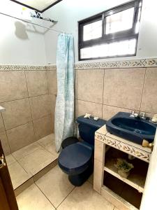 圣何塞Hermoso apartamento en la capital de Costa Rica的浴室设有蓝色的卫生间和水槽。