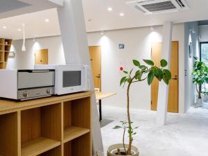 奄美Denpaku Amami Hotel的一间带微波炉和植物的客厅