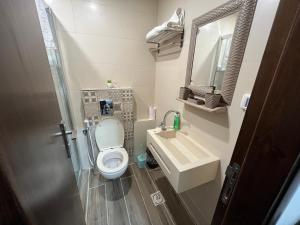 伯利恒Ma'an lil-Hayat Boutique Hotel的一间带卫生间和水槽的小浴室