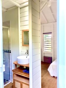 德赛Le Surf Lodge, chambre avec vue mer dans un écrin de verdure的一间带水槽和镜子的浴室