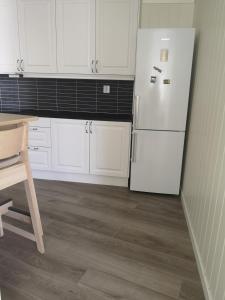 哈尔登New 2 bed room apartment in Halden的厨房配有白色橱柜和白色冰箱。