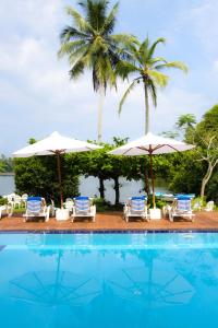 本托塔本托塔水滨度假酒店的一个带椅子和遮阳伞的游泳池以及棕榈树