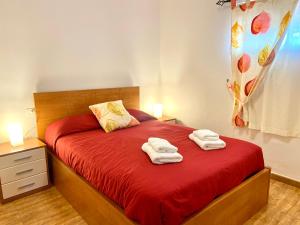 AlojeraCasa Los Palmeros Perdomo的一间卧室配有红色的床和毛巾