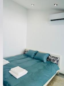 鲍洛通维拉戈什ARIS Apartman的一张带蓝色床单和枕头的床