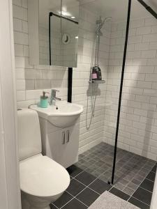 韦斯特维克Central lägenhet i nyrenoverat 1700-talshus的浴室配有卫生间、盥洗盆和淋浴。