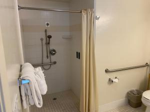 太平洋丛林彼威别墅旅馆的带淋浴、毛巾和卫生间的浴室