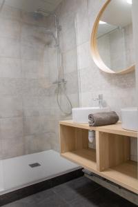 波城La Fabrique Paloise的带淋浴、盥洗盆和镜子的浴室