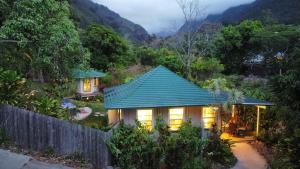 怀卢库Iao Valley Inn的山间房子,有绿色屋顶