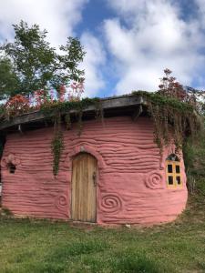 伊比科阿拉Sítio Monte Alegre的粉红色的谷仓,屋顶上有一扇门和鲜花