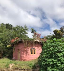 伊比科阿拉Sítio Monte Alegre的粉红色的房子,上面有鲜花