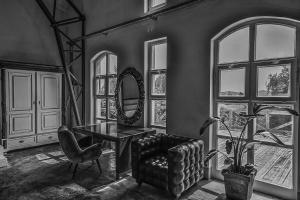 包道乔尼托毛伊Badacsony Loft的客厅配有椅子、桌子和镜子