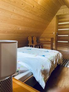 Ochotnica DolnaGóralski Domek u Marysi的小木屋内一间卧室,配有一张床