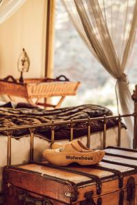 蒙塔古Wolwehoek Private Reserve的睡在床上的一双鞋