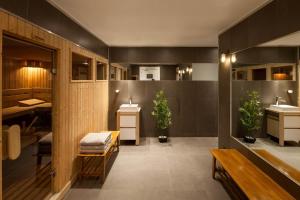 夏蒙尼-勃朗峰阿让蒂耶尔乐斯李维斯酒店的浴室设有2个水槽、1个长凳和2个植物