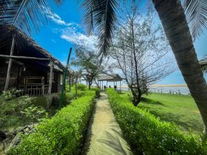科纳卡Lotus an Eco Resort Konark的通往海滩的一条小径,那里有房子和棕榈树
