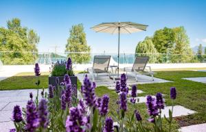 基姆湖畔普林Yachthotel Chiemsee GmbH的一座种有紫色花卉和遮阳伞的花园