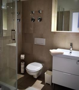 柏林2-Zimmer-Apartment "Monbijou" am Hackeschen Markt的浴室配有卫生间、盥洗盆和淋浴。