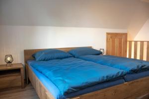 ŽelezniceChata Na Vyhlídce的一张配有蓝色床单和枕头的大床