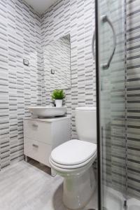 马拉加Romántico Estudio con Piscina的浴室配有卫生间、盥洗盆和淋浴。