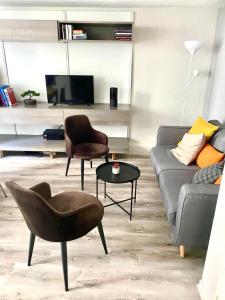 里尔Vieux-Lille : Appartement de charme的客厅配有沙发、椅子和桌子