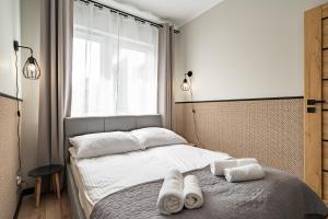 托伦Apartamenty K2 Lubicka 7的一间卧室配有带毛巾的床