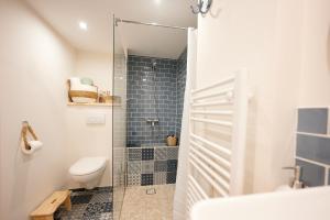 拜兰特里Casa MaMa&ly的一间带卫生间和玻璃淋浴间的浴室