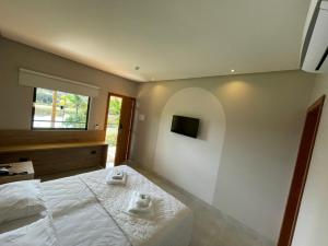 Bela Vista de GoiásHotel do Lago的卧室配有一张床铺,墙上配有电视