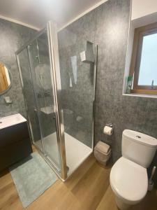 威廉堡Ben Nevis Manor Lodge & Indoor Private Hot-Tub的带淋浴、卫生间和盥洗盆的浴室