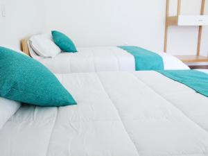托纳提科hotel boutique lila&co的一张带绿色枕头的白色床