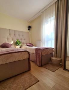 波兹南Malta Premium Apartment, free parking, self check-in 24h的一间卧室设有两张床和窗户。