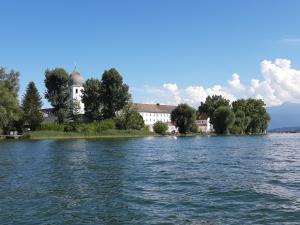 RottauGästehaus Frankl的享有湖泊、教堂和建筑的景色