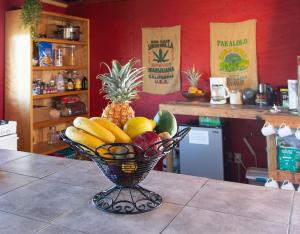 帕霍阿Open Gate Hostel Hawaii的厨房里的桌子上放着一碗水果
