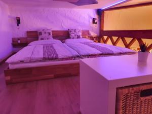 克拉尼斯卡戈拉Studio Srce的一间卧室配有一张带桌子和紫罗兰灯的床