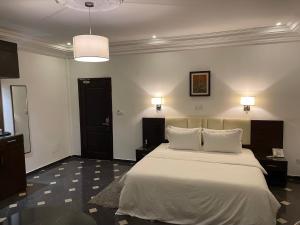 科托努HOTEL LES ARCADES的卧室配有一张带两个枕头的大白色床