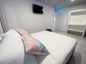 圣安德烈斯OCEANA HOTEL的卧室配有白色的床和枕头