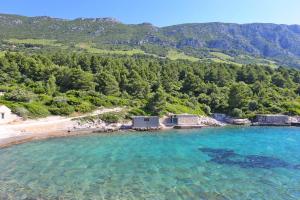 特雷斯塔尼克Holiday house with a parking space Dingac - Pristranj, Peljesac - 660的享有蓝色海水海滩的空中景致