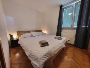 布莱德Sava river house - apartments的一间卧室配有一张床,上面有两条毛巾