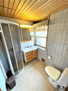 萨利色尔卡Kelo / Lapland, Saariselkä的带淋浴、卫生间和盥洗盆的浴室