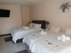 温特和克Esperanca Guesthouse的配有白色床单的酒店客房内的两张床