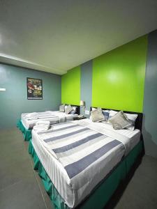 亚娄密特罗伊恩酒店的绿色墙壁客房内的两张大床
